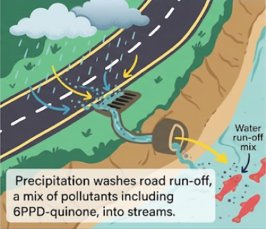 Panel 2: precipitation washes road run-off, a mix of pollutants including 6PPD-quinone, into nearby streams.