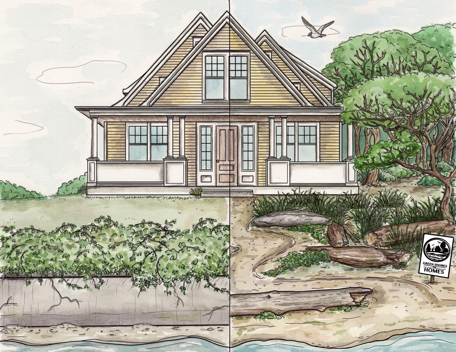 Illustration of a home using nature-based solutions: rain gardens, a naturalized shoreline, trees and permeable ground that slow and filter runoff