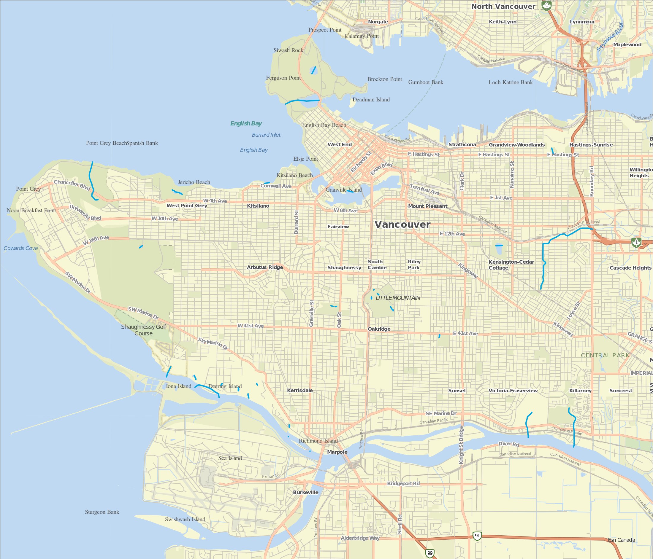 Map of Vancouver's streams today, with most historical streams now buried beneath the city