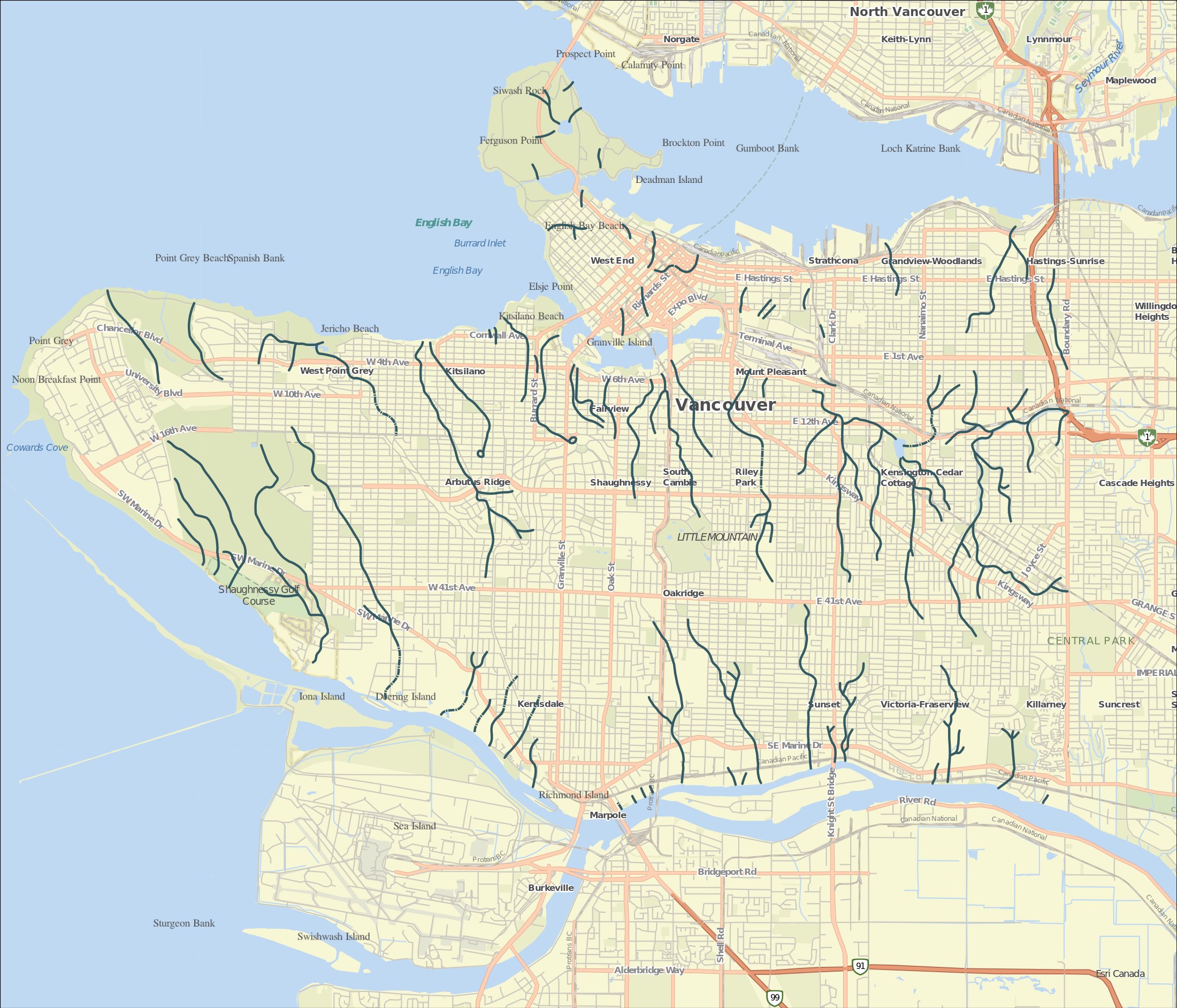 Map of Vancouver's historical stream network, far denser than today, before most streams were buried